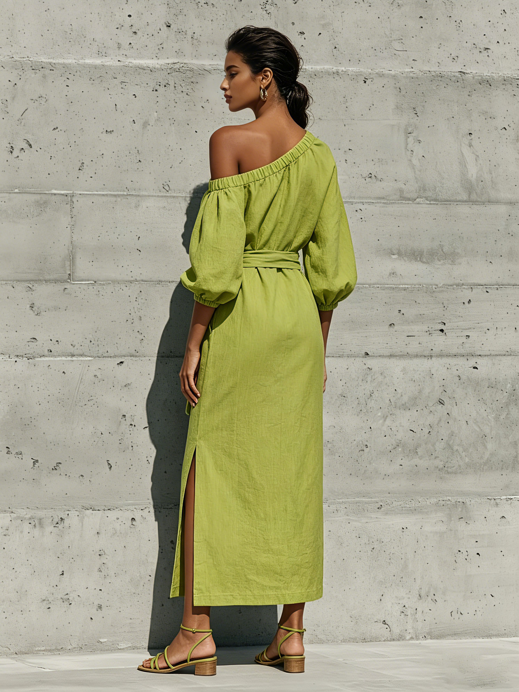 lime green dress with sleeves Women's Linen-Blend Off-The-Shoulder Puff Sleeve Tie Waist – Modesees Low Closet Dresser Design Style:02473 lin it features a high