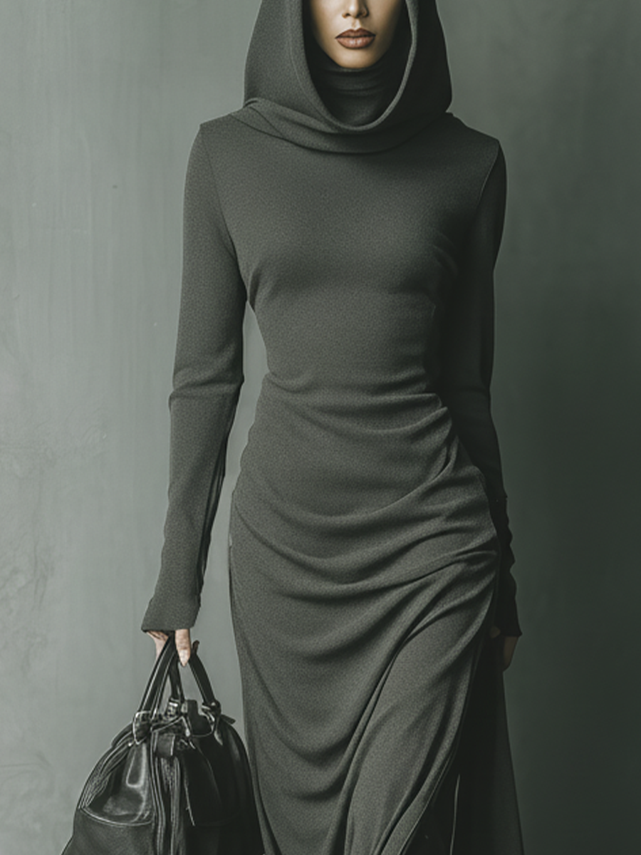 Women's Dark Grey High Elastic Knitted Hooded Maxi Dress MDA1303J1T