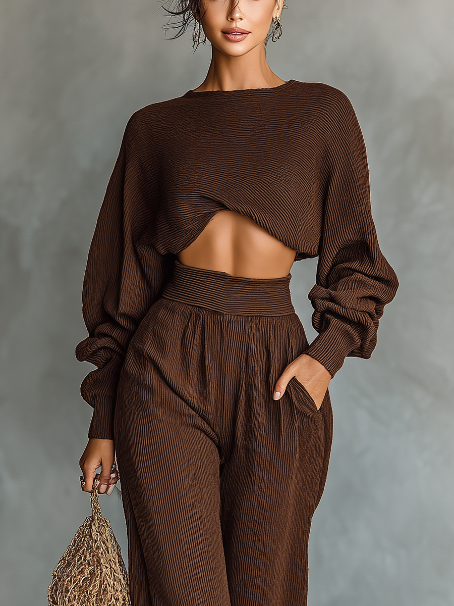 Women's Coffee-colored Short Top And Wide-leg Pants Knitted Set MDA3000G6T