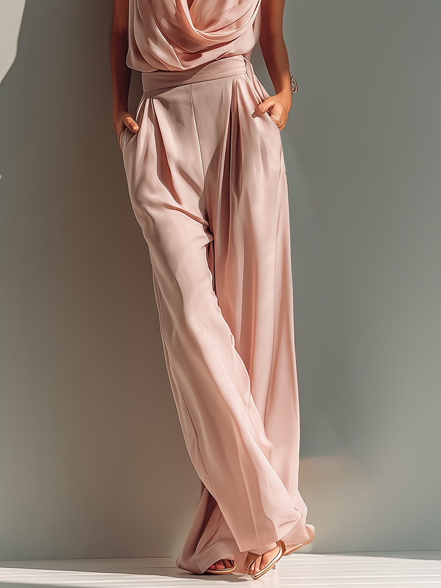 Women's Blush Pink Satin Cowl Neck Top With Wide-Leg Trousers & Side Pockets MDZ0218C3T