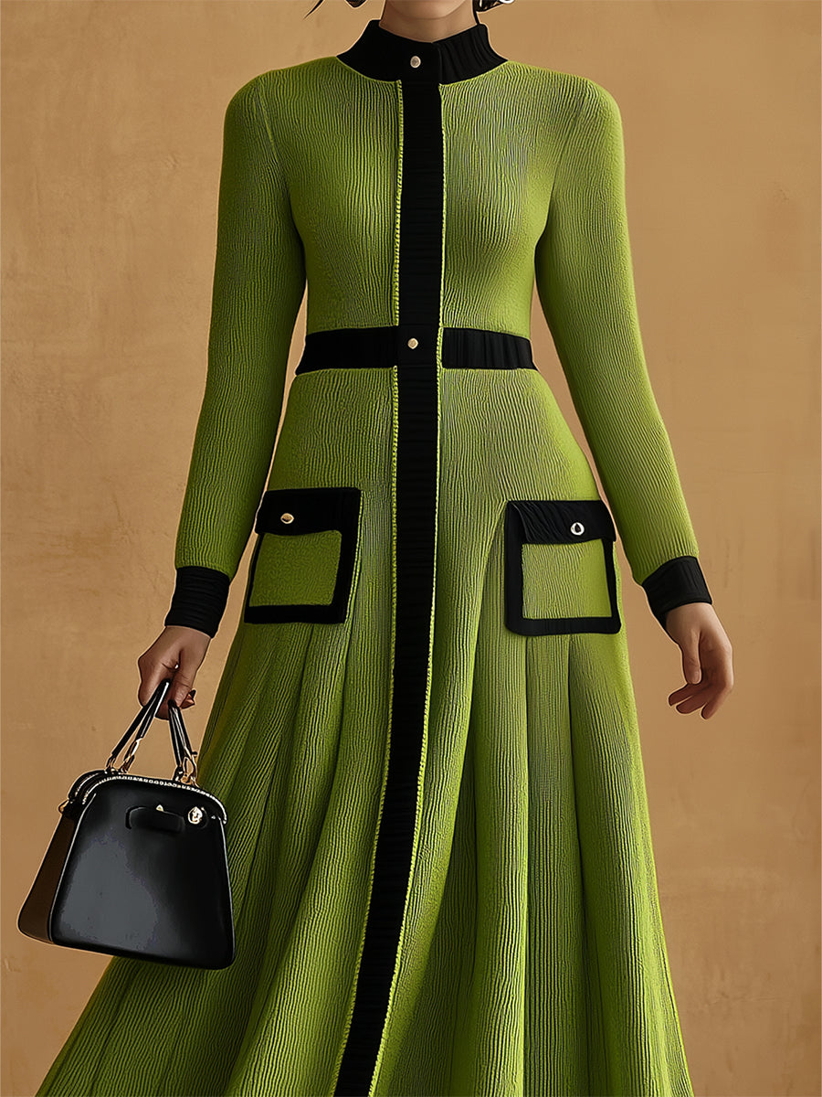 Women's Elegant Green Knitted Shirt Dress With Black Trim MDA0229H6I