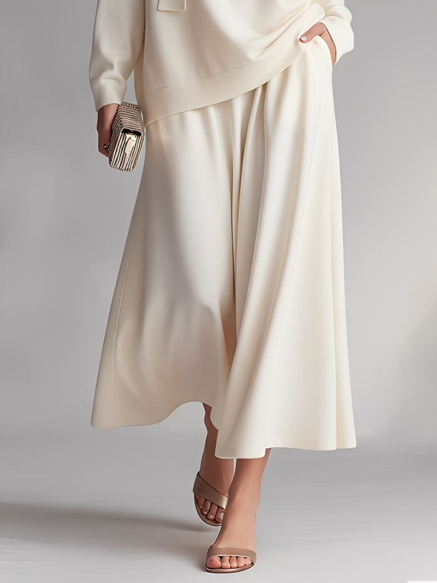 Women's Creamy Ivory Soft Knit Set With Tie-Neck Top & Skirt, Timeless Luxe Relaxed Style Set MDA1641L4I