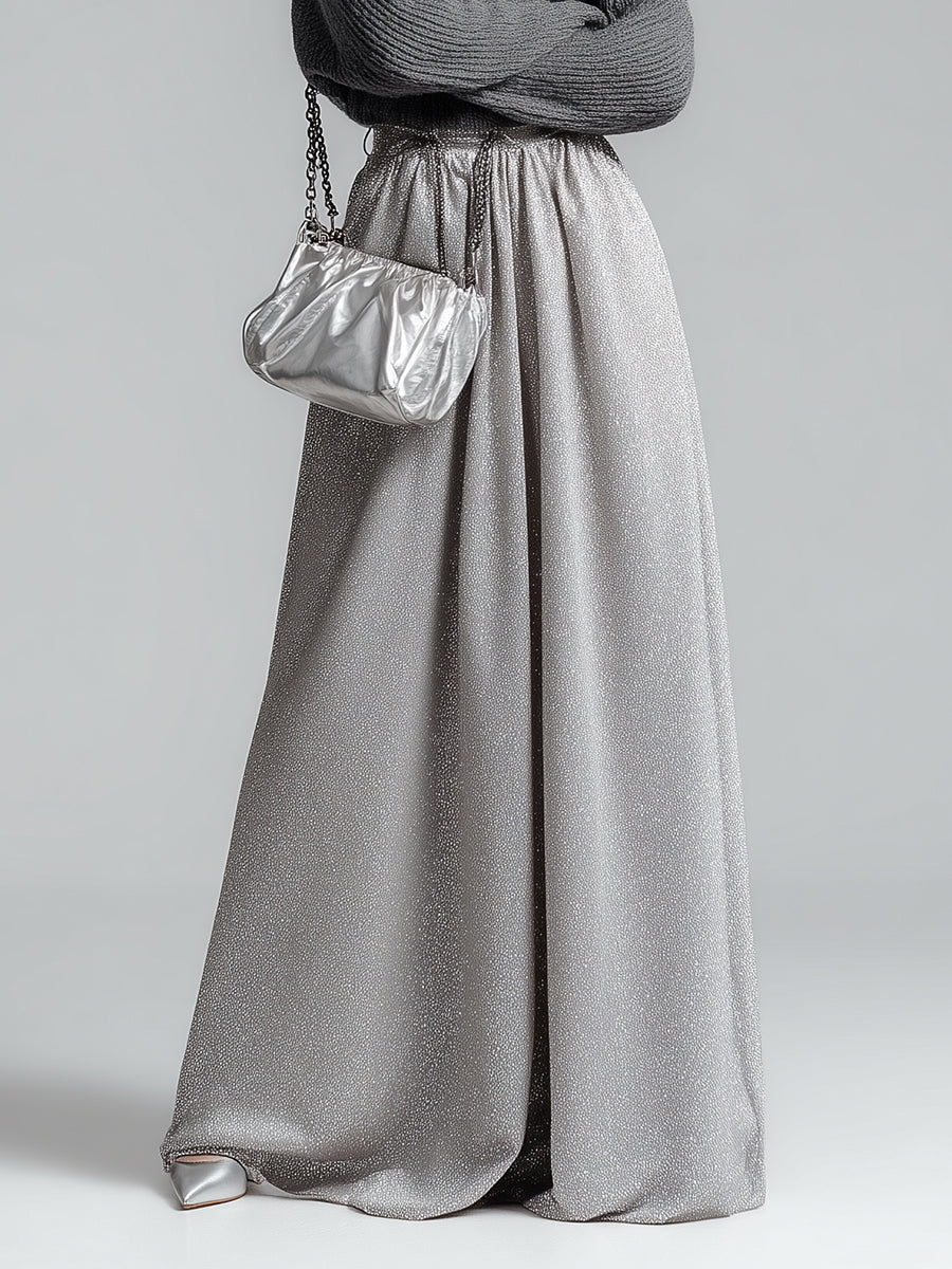 Women's Gray Knit & Metallic Casual-Chic Set With Oversized Turtleneck & Flowy Maxi Pants, Effortless Glam Style Set MDA2793J3I