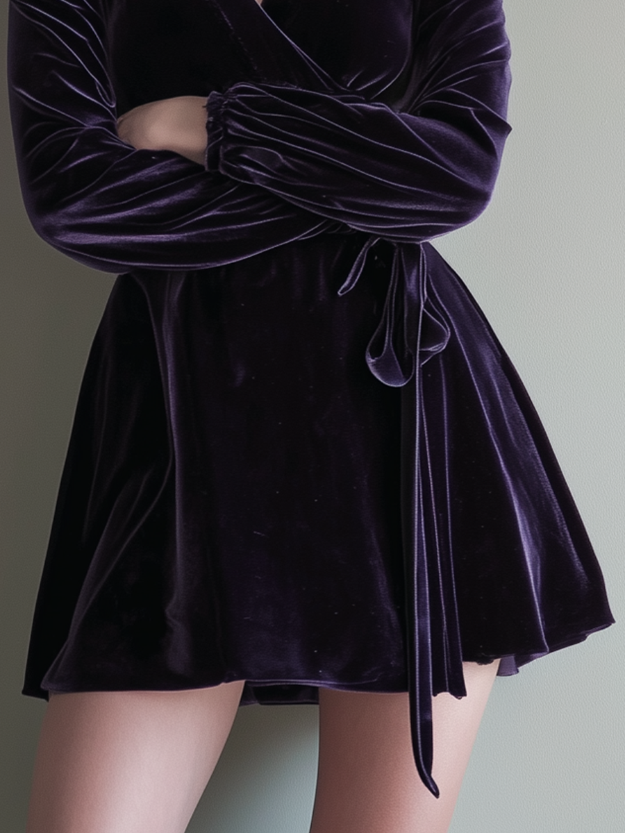 Women's Dark Purple Velvet V-Neck Tie-Waist Mini Dress MDA0594K1T