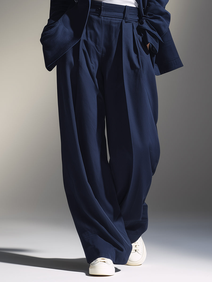 Women's Navy Structured Woven Set With Oversized Blazer & Wide-Leg Pants, Timeless Chic-Effortless Style Set MDA2694L0I