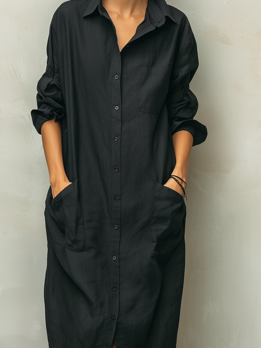 Women's Casual Black Cotton Linen Blend Shirt Collar Long Sleeve Dress MDZ0275C2AN
