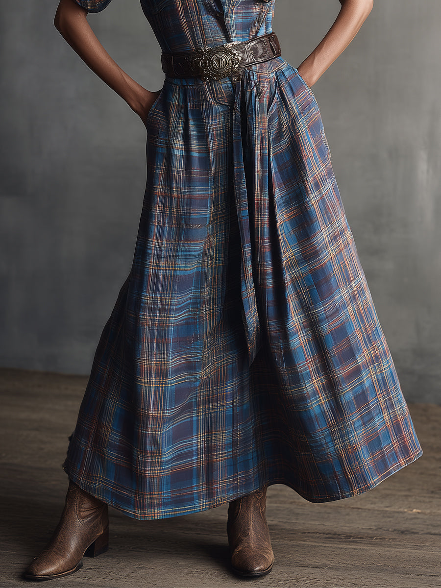 Women's Blue Plaid Shirt Dress With Maxi Length & Tie-Waist, Retro Western Fashion Dress (without belt) MDA2755J2I