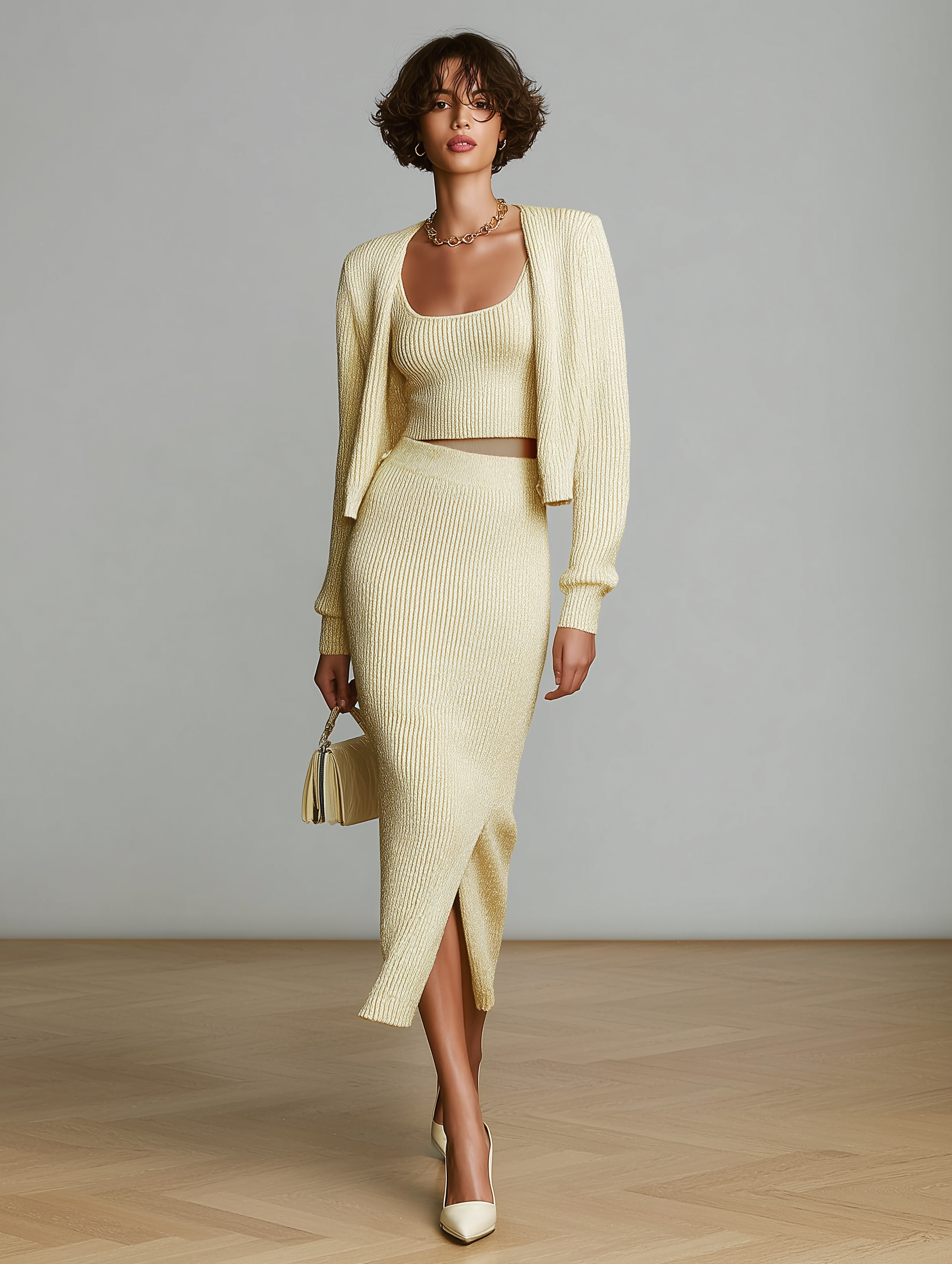 Women's Minimalist Knitted Vest, Cardigan, And Skirt Three-piece Set MDA2490K6Y