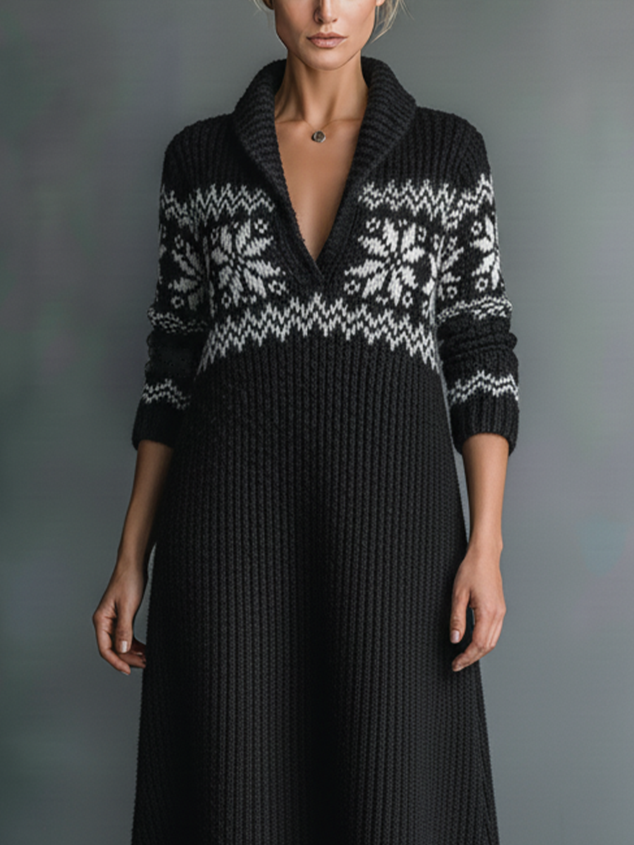 Women's Black Oversized Ribbed Knit Fabric Snowflake-Patterned Collared Maxi Dress MDA1607L7T