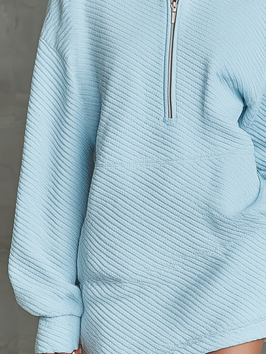 Women's Light Blue Air Layer Stand Collar Half Zip Casual Mini Dress MDA2817I5T