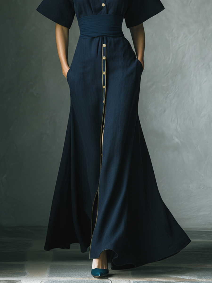 Women's Navy Blue Maxi Shirt Dress With Contrast Gold Trim & Wide Waist Belt MDZ2671B3T