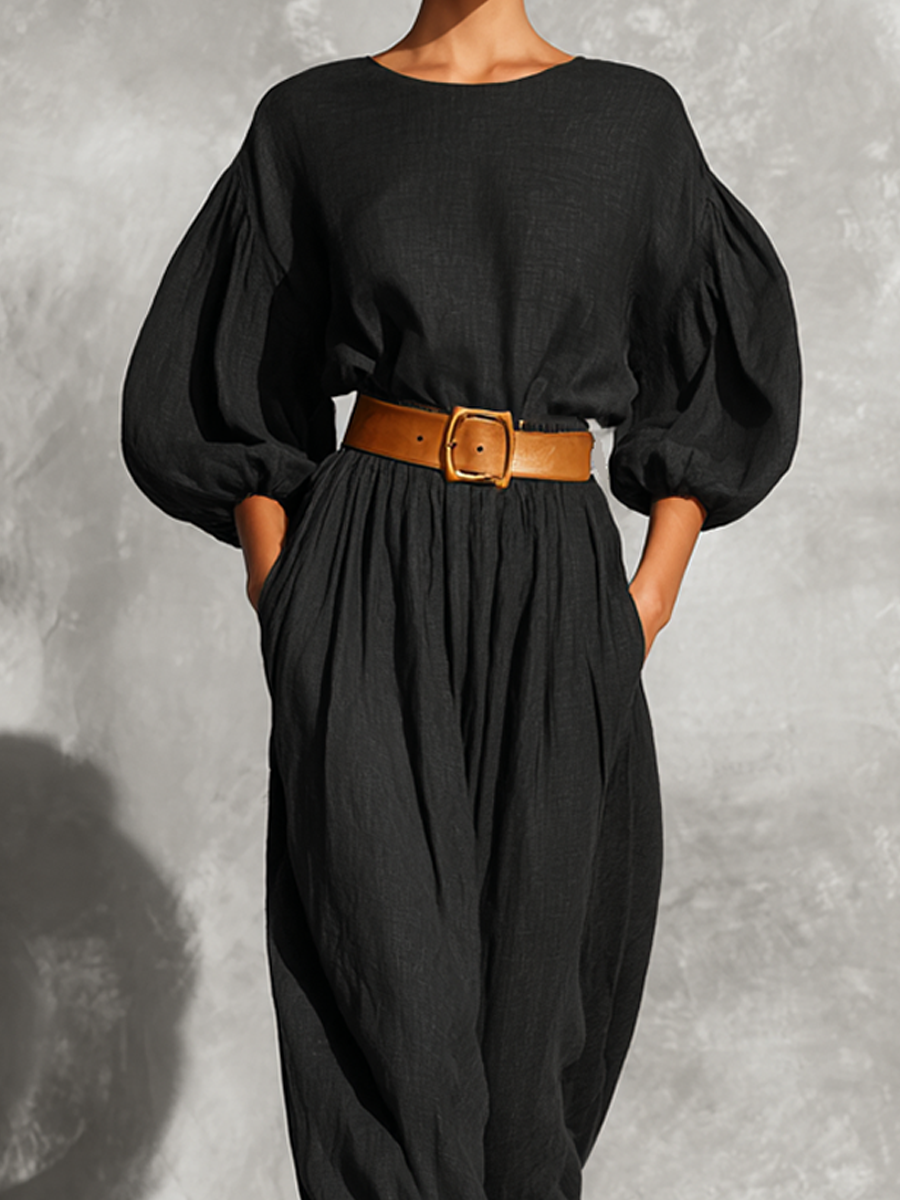 Women's Black Round Neck Long Sleeve Dress (Belt Not Included) MDA2484K7AP
