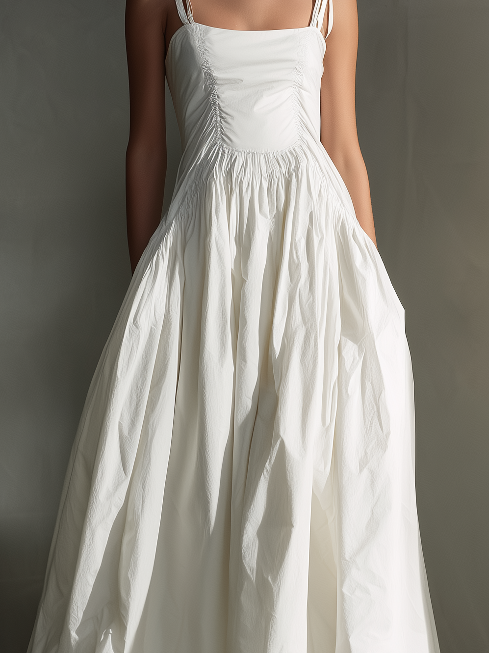 Women's Elegant White Woven Sleeveless Slip Dress With Elasticated And Ruched Waist MDZ0931A0AN