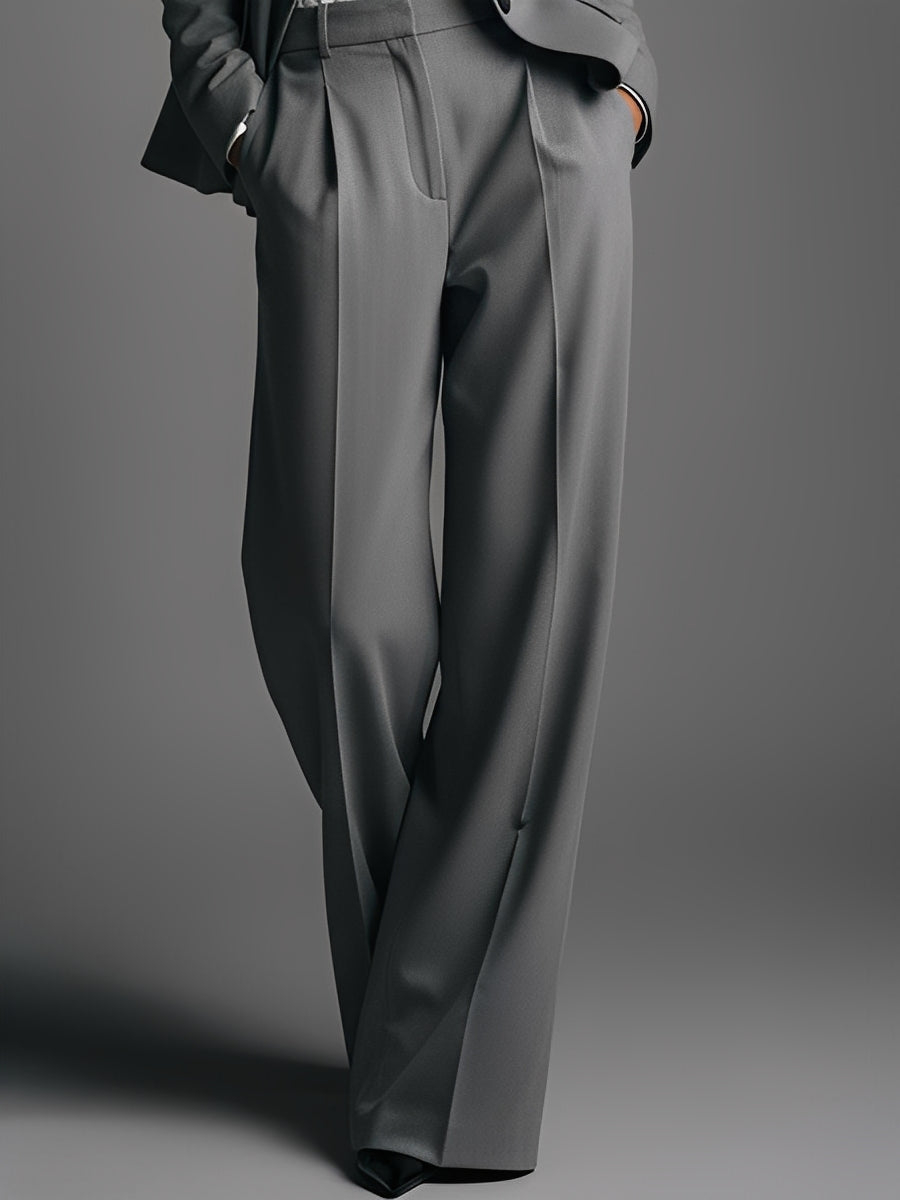 Women's Grey Textured Matching Set With Oversized Blazer & High-Waist Pants, Sophisticated Office Style Set MDA2939K5I