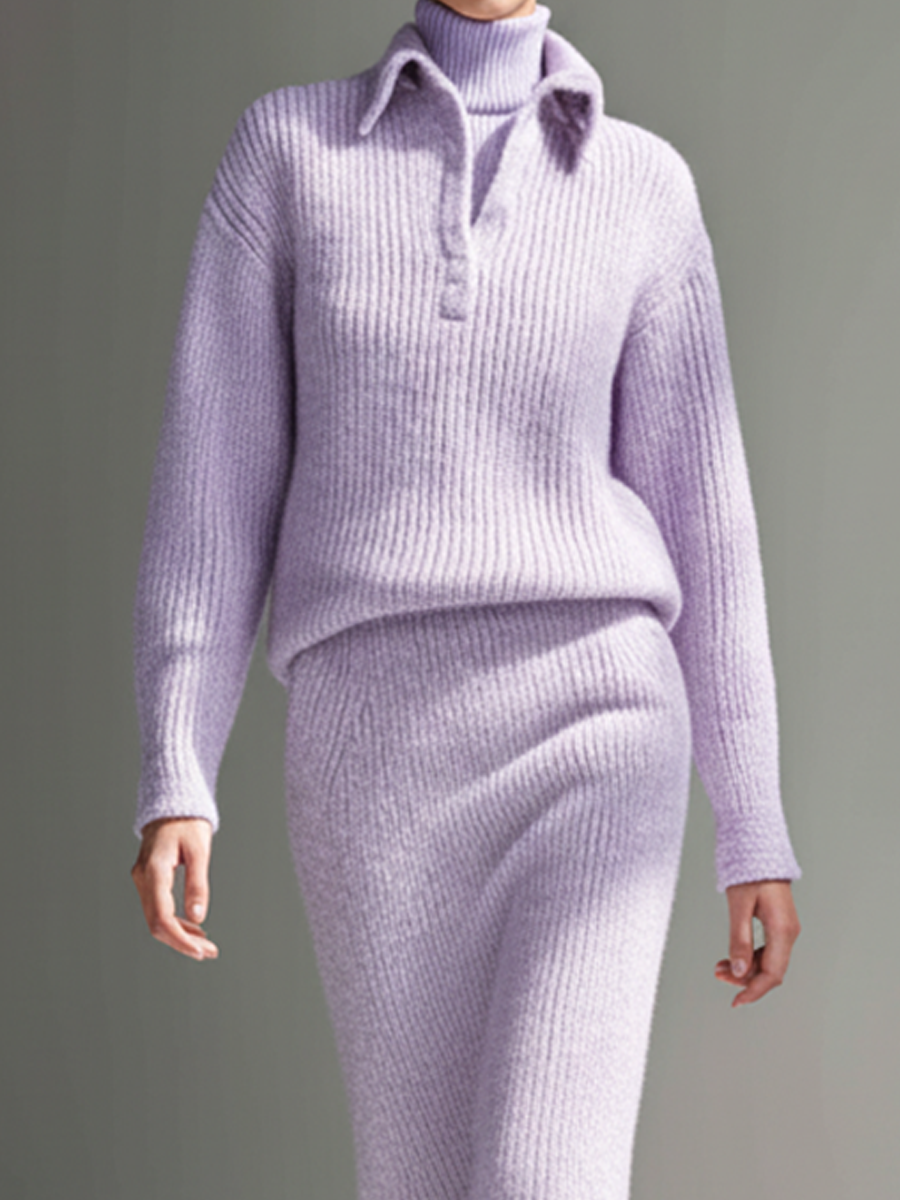 Women's Lavender Ribbed Knit Polo Shirt And Skirt Set MDA1516L8AP
