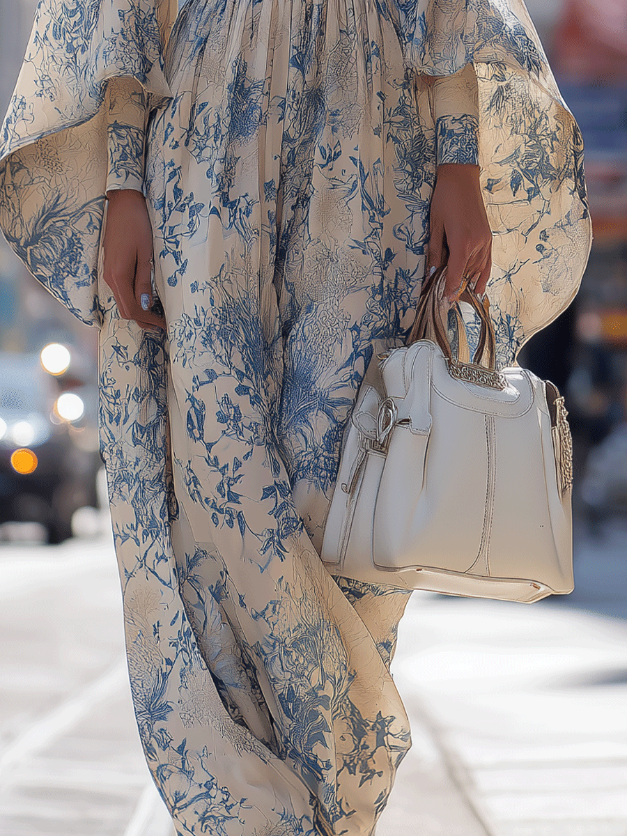 Women's Elegant Blended Printed Bell Sleeve High Waist Maxi Dress MDA3069G1I