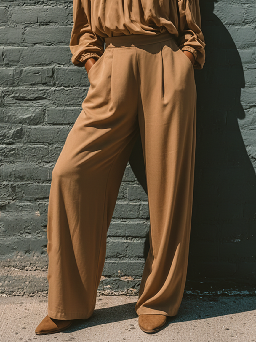 Women's Minimalist Strapless Long-sleeved Blouse And Straight-leg Pants Set MDA1799L3Y