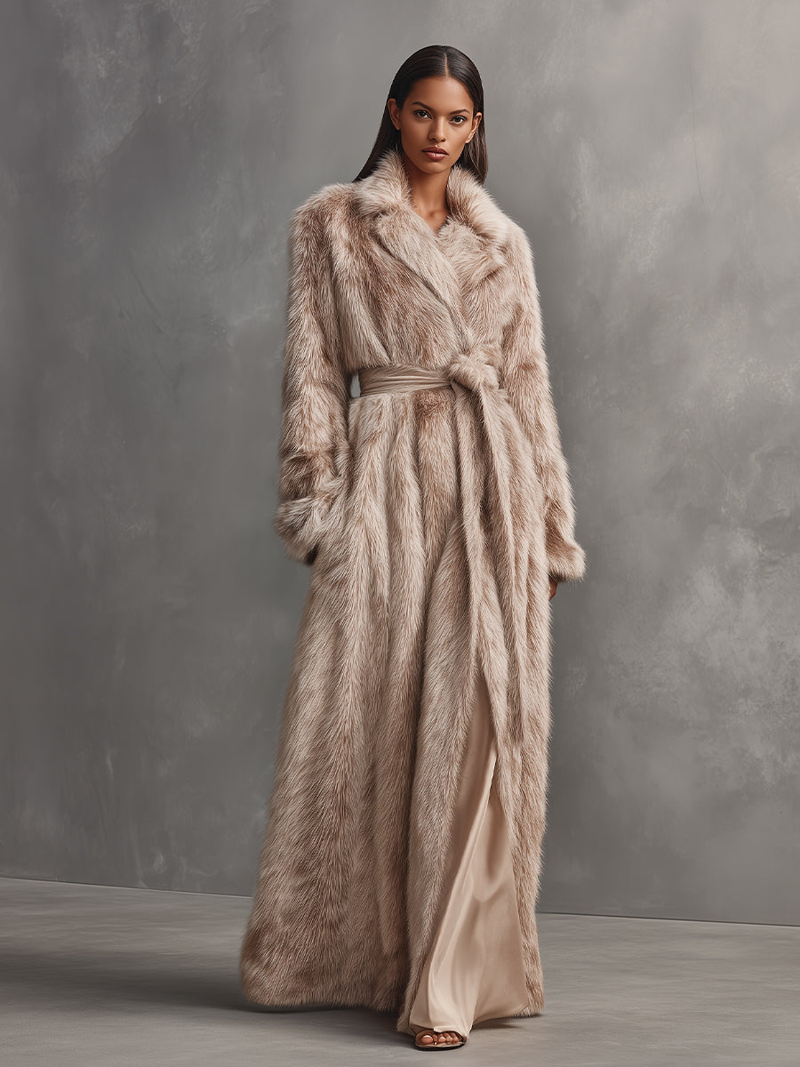 Women's Beige Luxurious Faux Fur Belted Longline Coat MDA2080J0I