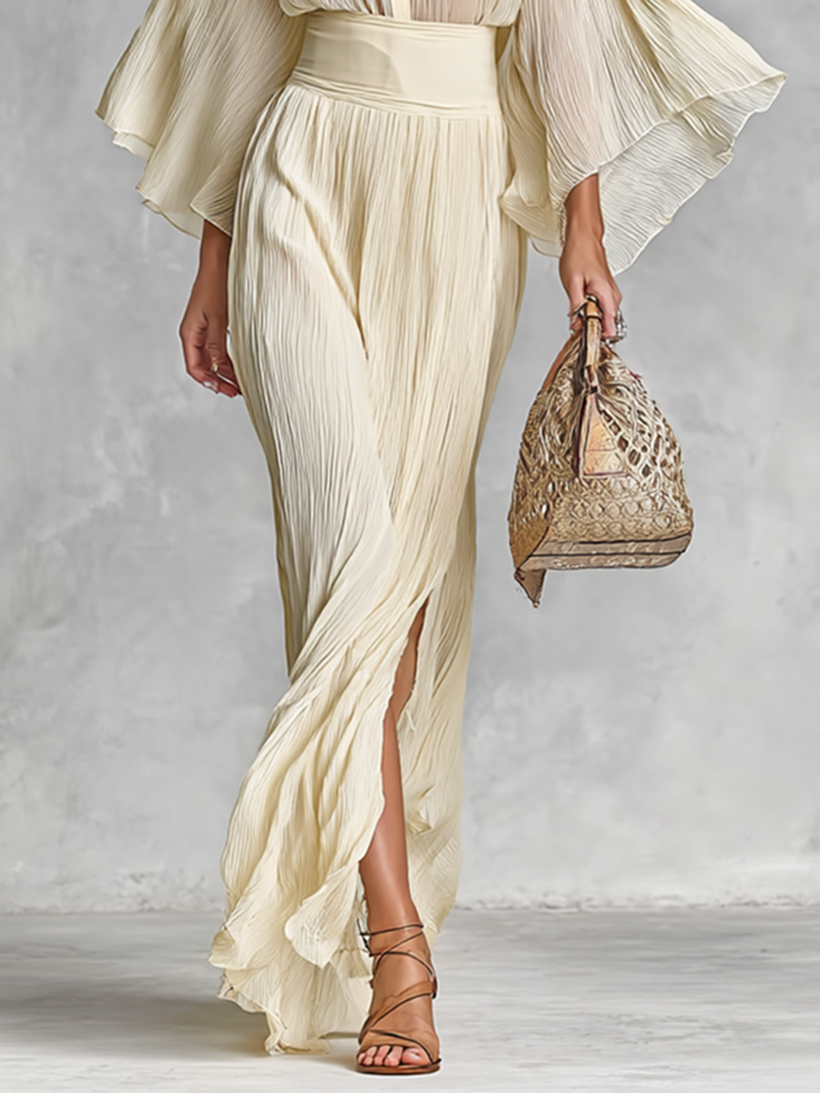 Women's Pleated Chiffon Stand Collar Trumpet Sleeve Shirt Slit Floor Length Skirt Two-piece Set MDA2202G8Y