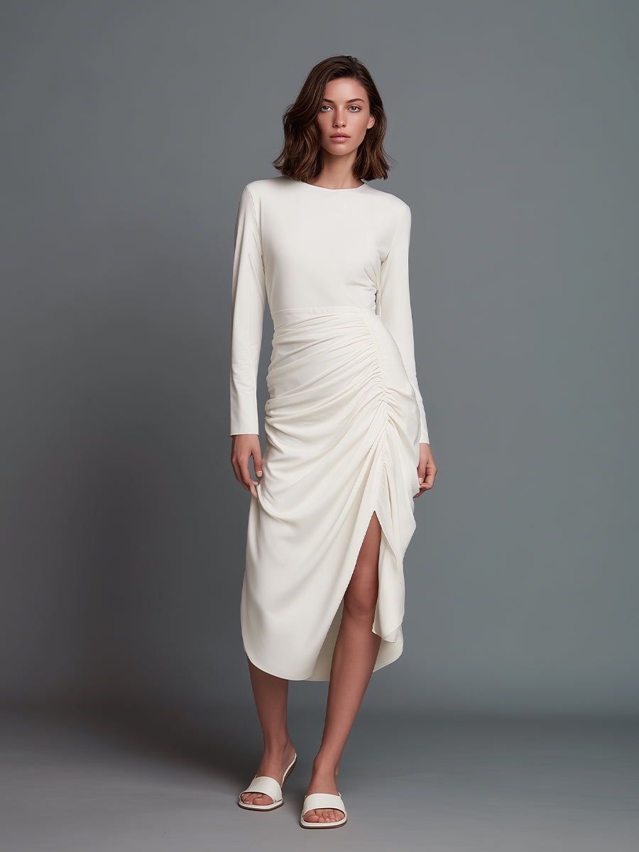 Women's White Elegant Jersey Ruched Slit Midi Dress MDA2057J2I