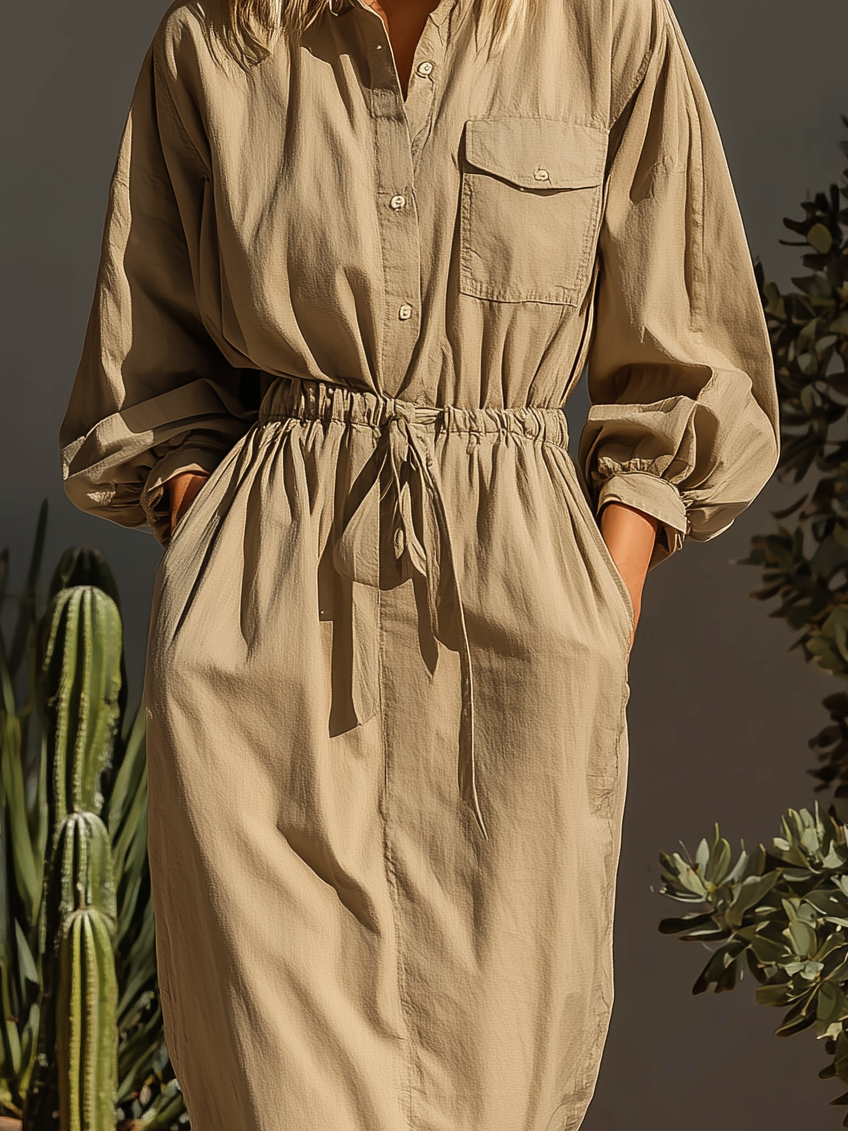 Women's Fashionable, Casual, And Versatile Khaki Midi Dress With Gathered Waist And Shirt Collar, Long Sleeves MDA2694K7AN