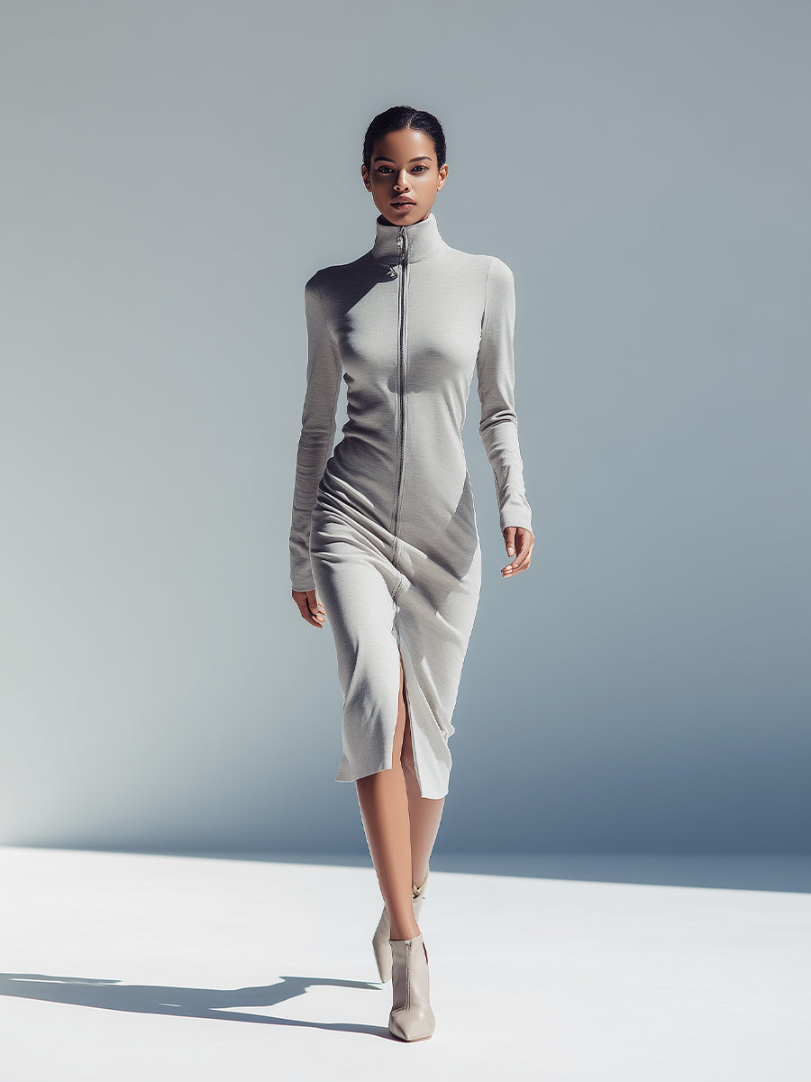 Women's Light - Grey Sleek Knit Zip - Front Slit Midi Dress MDA1130H9I