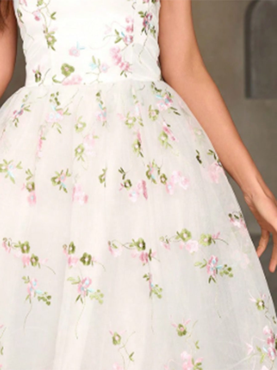 Women's Embroidered Suspender Waist A-line Midi Dress MDA1810F4Y