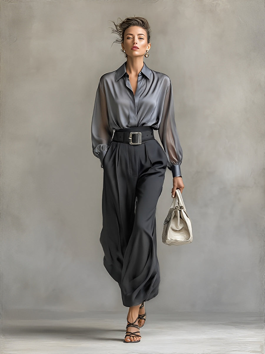 Women's Satin Chiffon Long Sleeve Shirt Wide Leg Pants Two-piece Set MDA1932G6Y