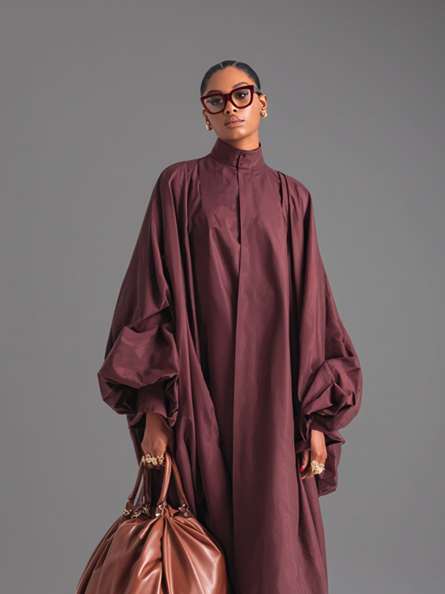 Women's Burgundy Crisp Cotton Avant-Garde Maxi Dress With High Neck & Dramatic Puff Sleeves, High-Fashion Statement Maxi Dress MDA3046J3I