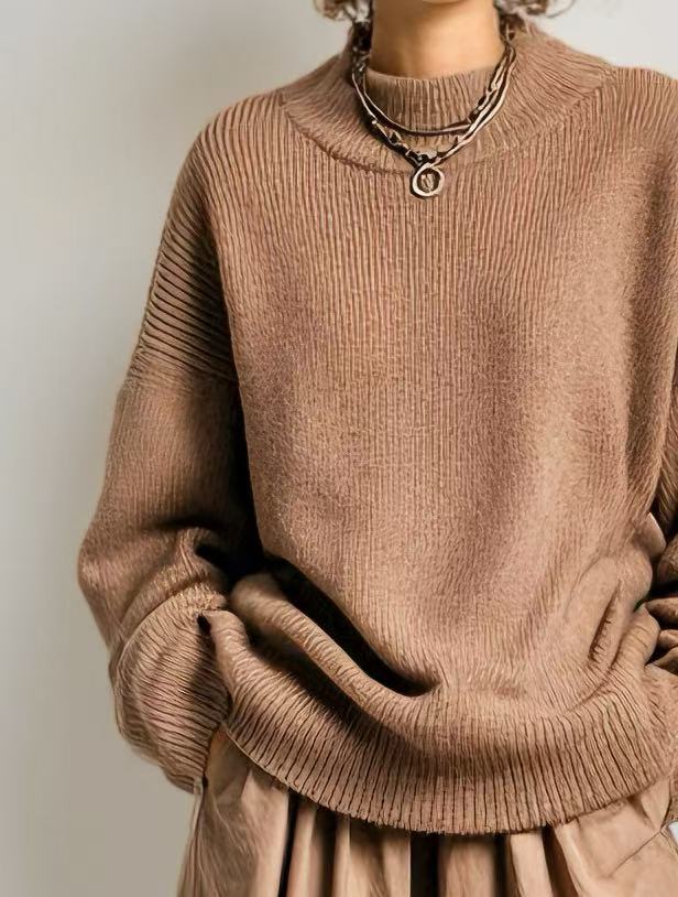 Women's Elegant And Sophisticated Warm Brown Knit Crew Neck Sweater Paired With A Matching Skirt MDA0696K7AN