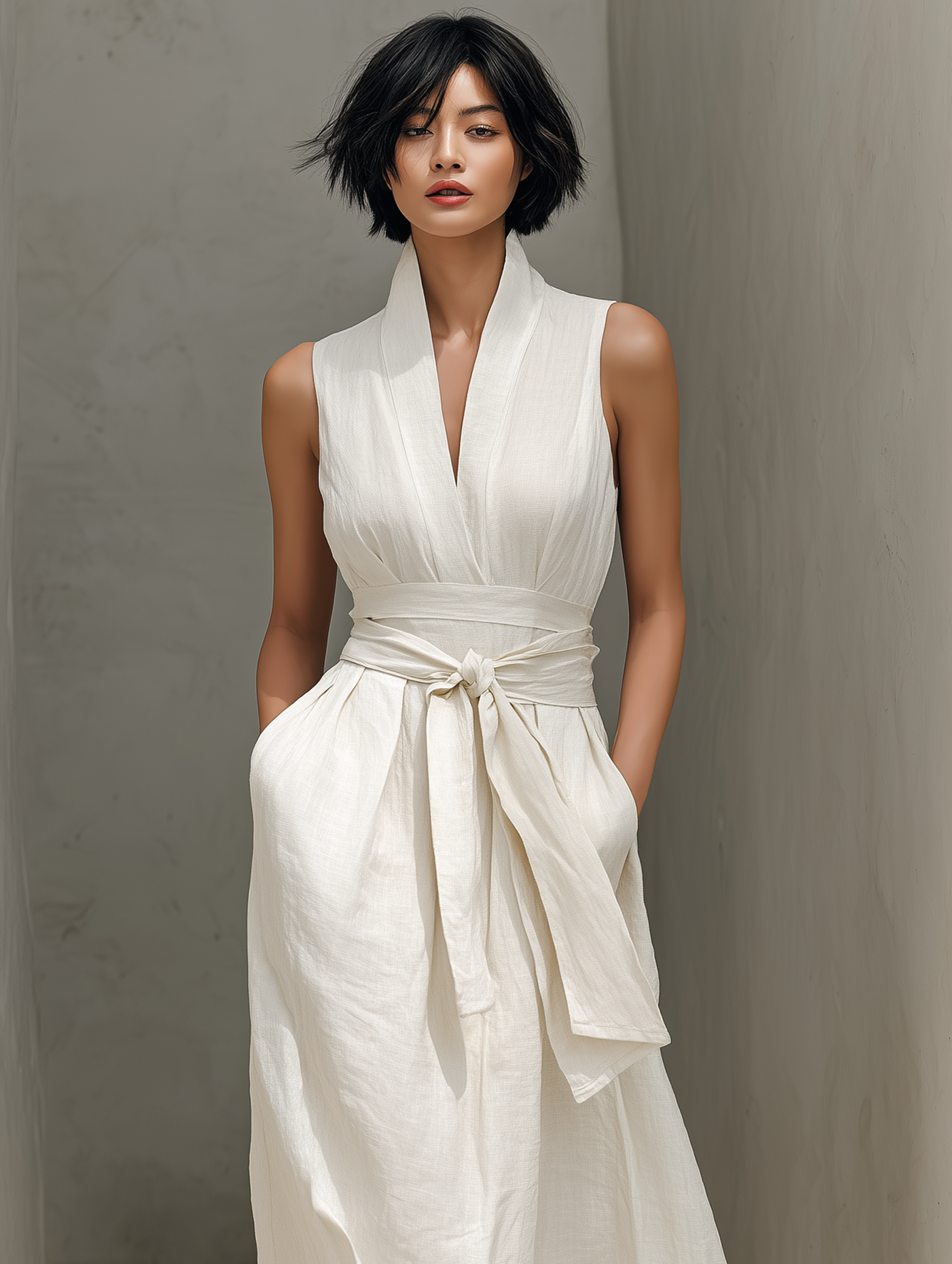 Women's Minimalist Cotton And Linen Blend V-neck Belted Sleeveless Maxi Dress MDZ0803A4Y