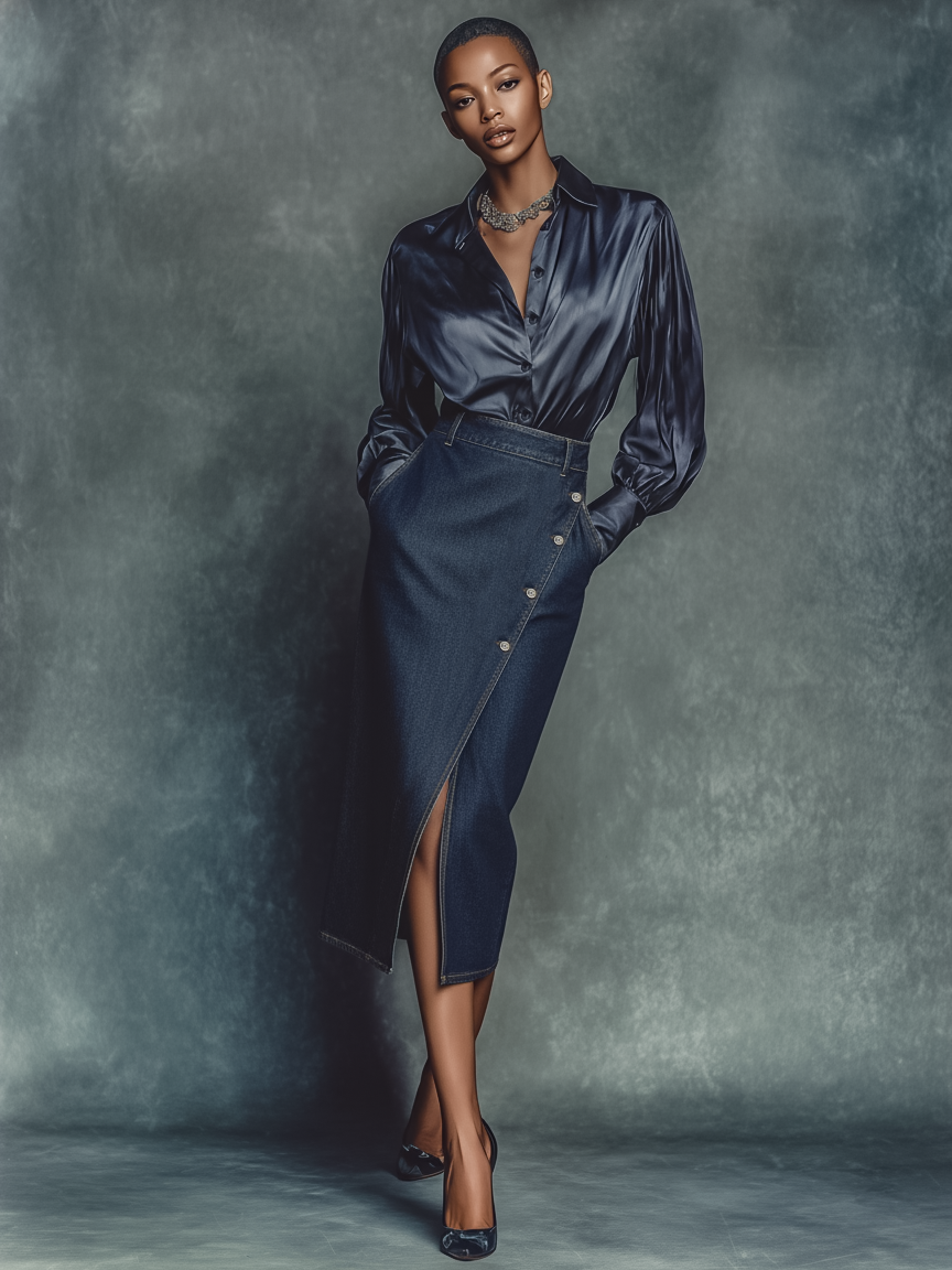 Women's Minimalist Satin Shirt And Denim Skirt Set MDA2995K8Y