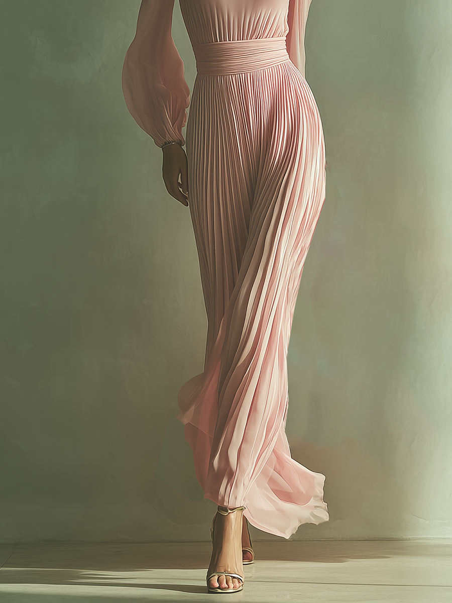 Women's Light Pink Chiffon Fabric Puff-Sleeve Pleated Maxi Dress MDA2253L2T