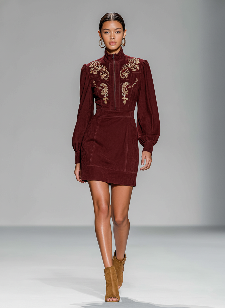 Women's Fitted Waist Faux Suede Embroidery Zipper Collar Mini Dress MDA3070J2Y