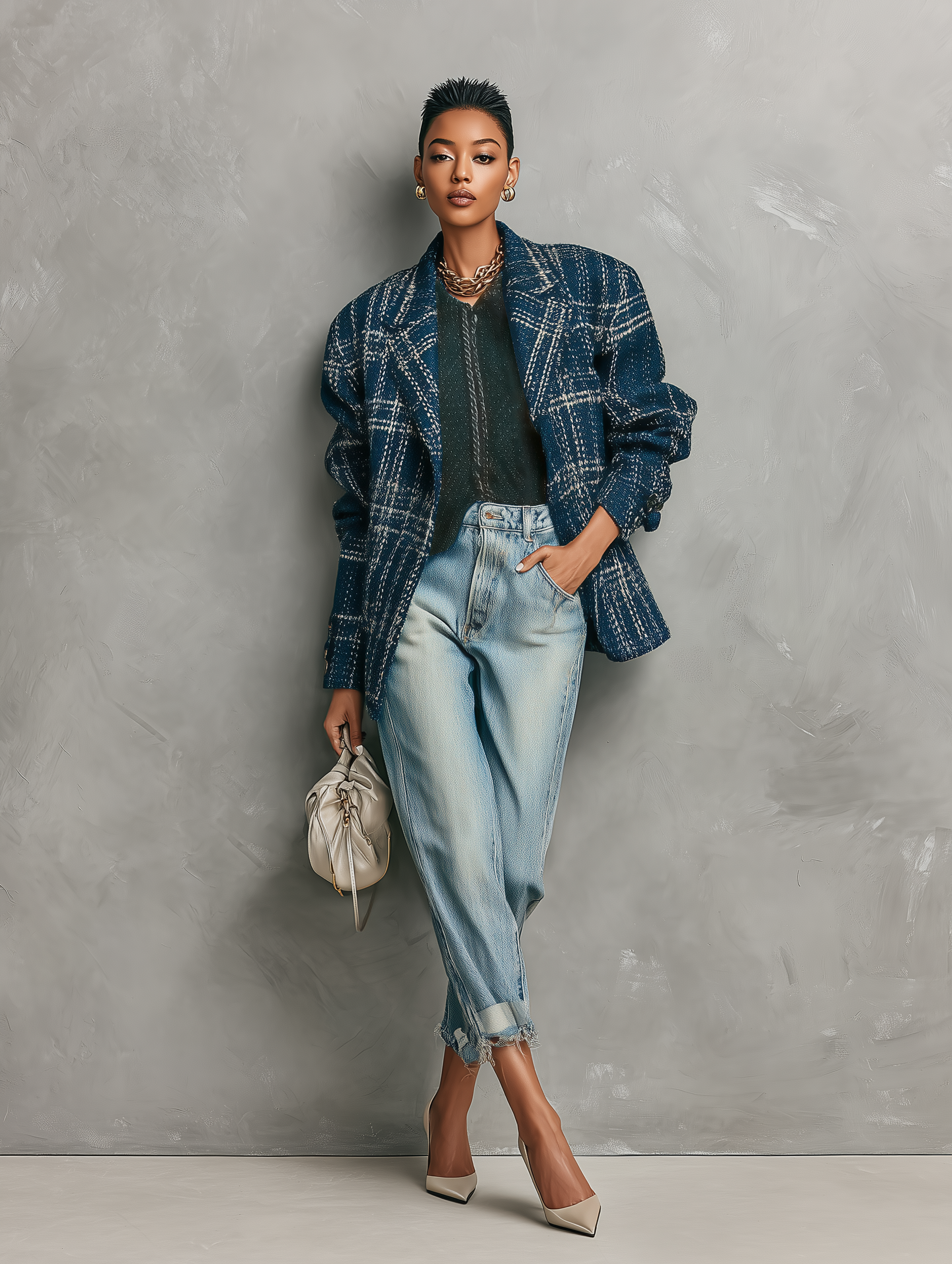 Women's Dark Blue Check Tweed Loose Vintage Jacket MDA2460I7T