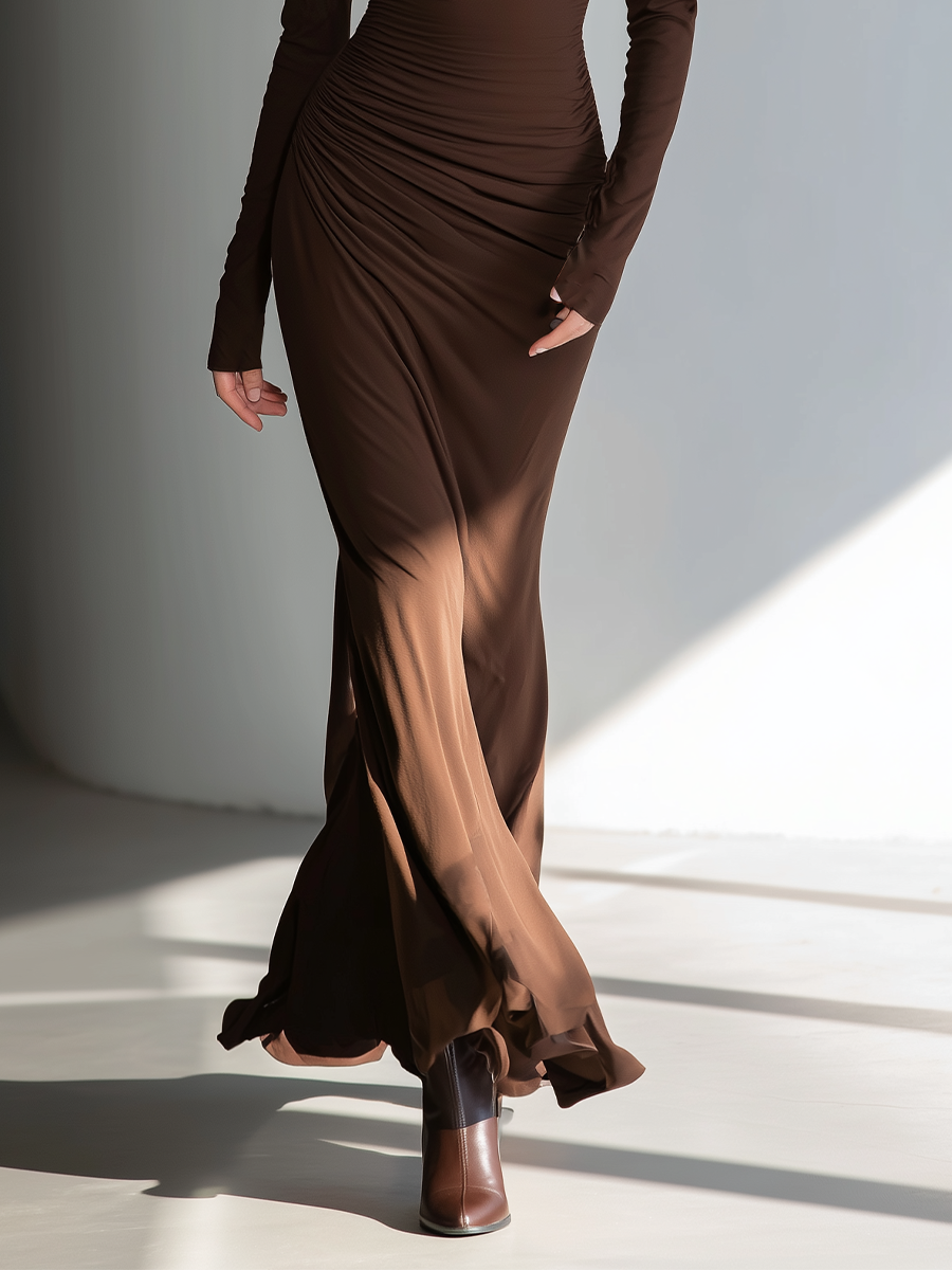 Women's Dark Brown High-Elastic Knit Pleated Slim Fit Long-Sleeved Maxi Dress MDA0663K7T