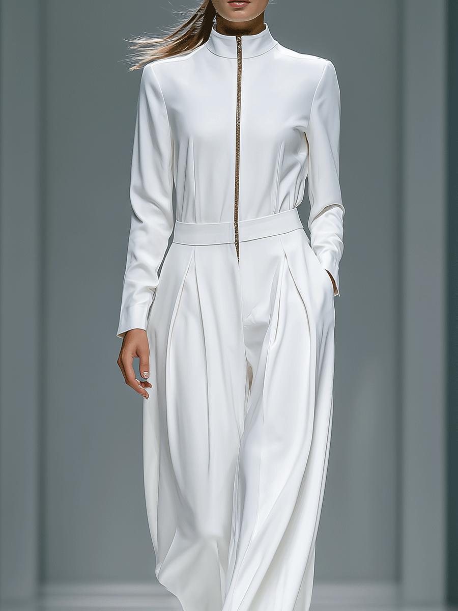 Women's Stand Collar Front Zipper Blended Simple Wide Leg Jumpsuit MDA3027G3I