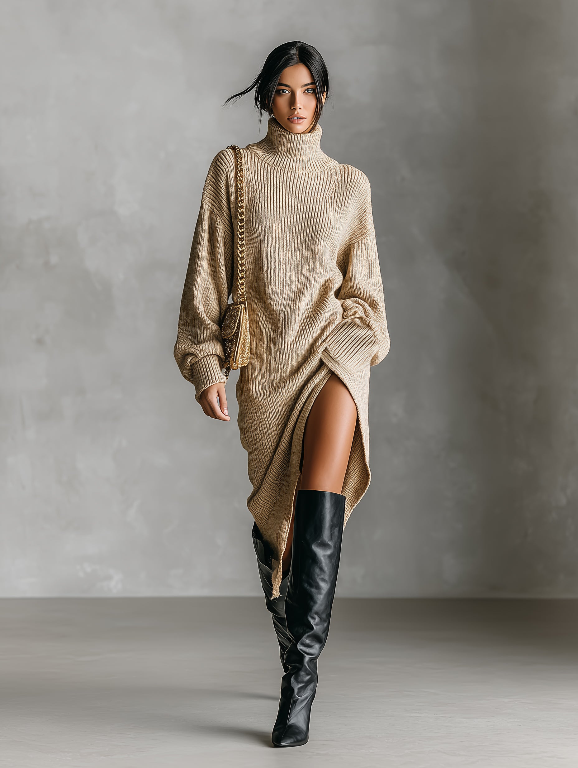 Women's Fashionable And Elegant Khaki Long-sleeved Collared Loose Knit Midi Skirt With Front Slit MDA2889K3AN