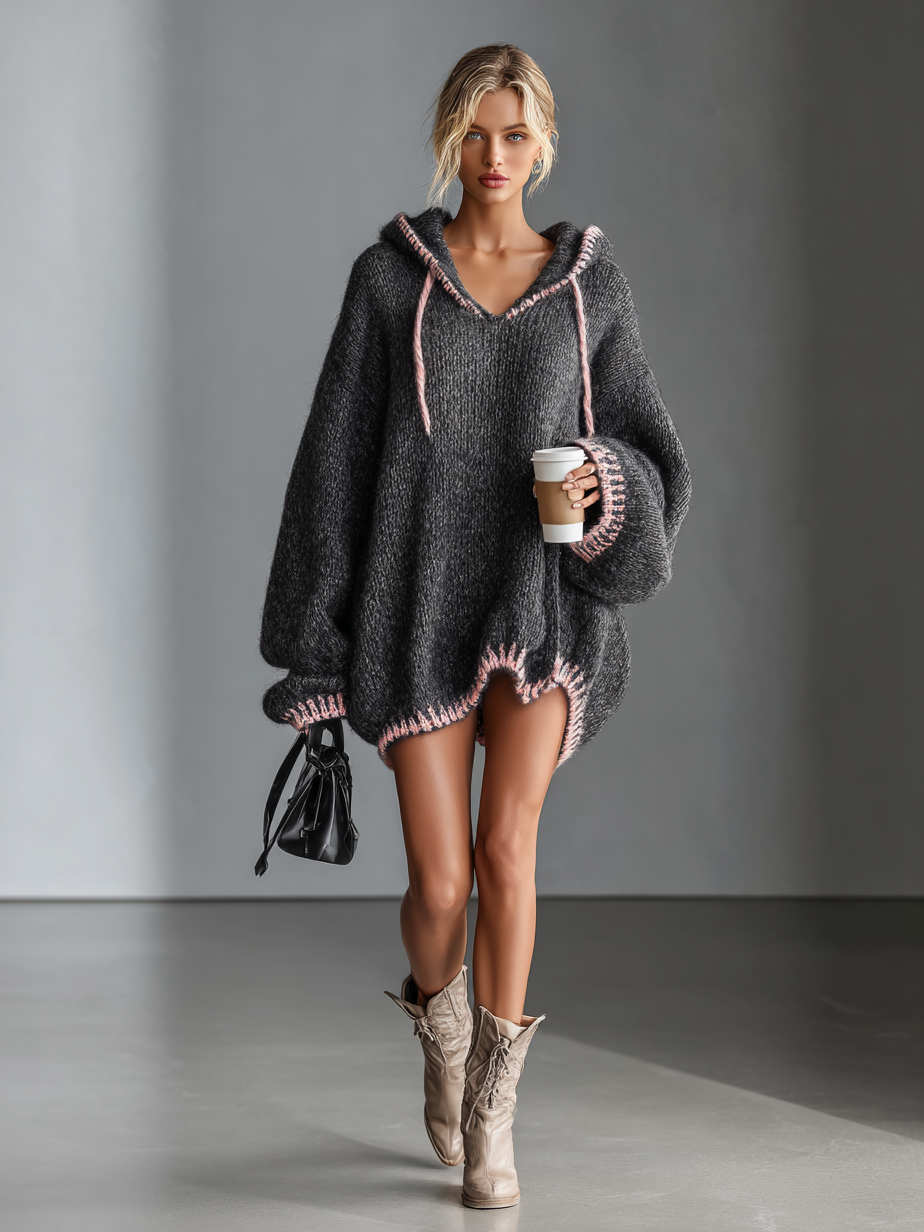 Women's Loose Hooded Pink Trimmed Knit Mini Dress MDA0255I8Y