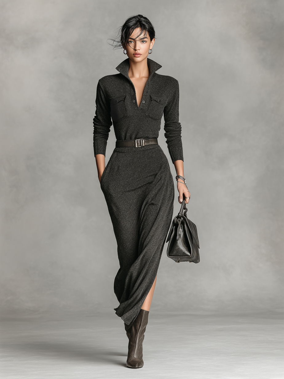 Women's Knitted Polo Neck Sweater Half-length Skirt Two-piece Set (without Belt)MDA0172H1Y