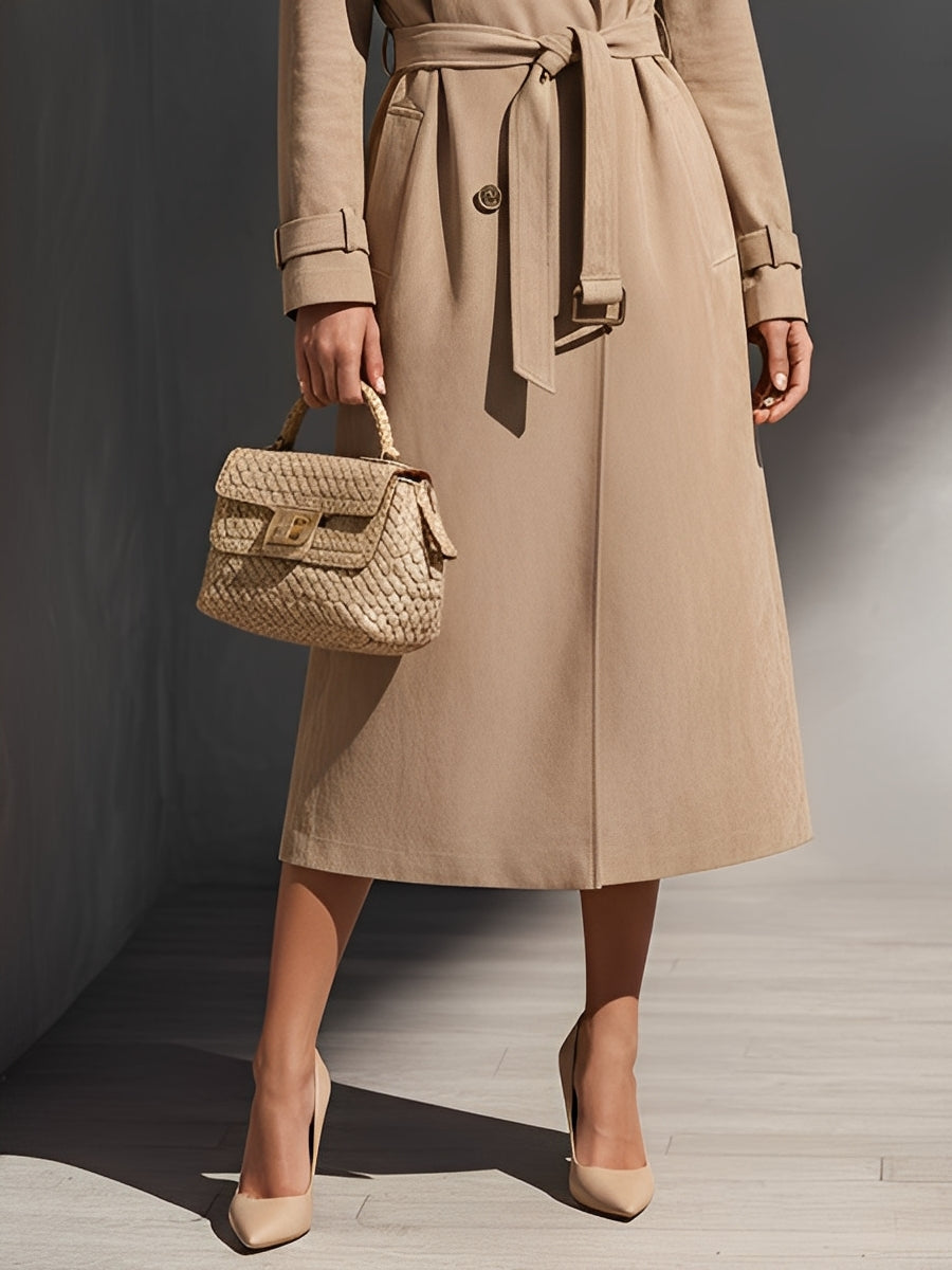 Women's Beige Tailored Trench Coat With Double-Breasted Style & Waist Belt, Timeless Elegance MDA2291J1I