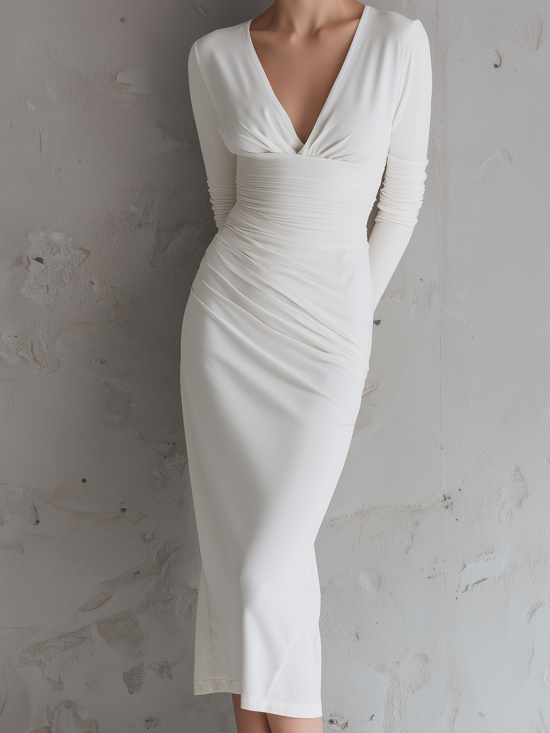 Women's Elegant White V-neck Knitted Stretch Slim-fit Long-sleeved Midi Dress MDA2461L5AN
