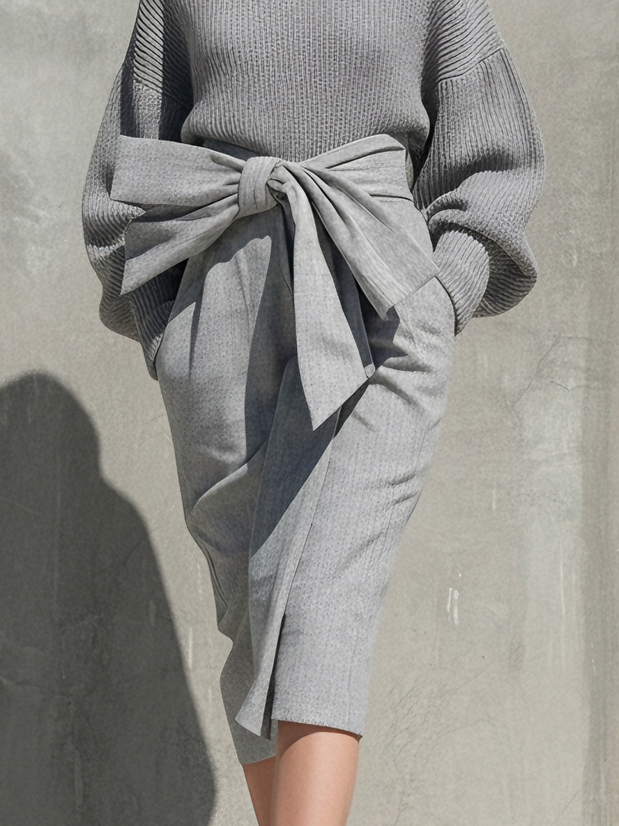 Women's Modern Knit & Linen-Blend Gray Ribbed Sweater + Bow-Accent Midi Skirt Set MDA1281L6AU