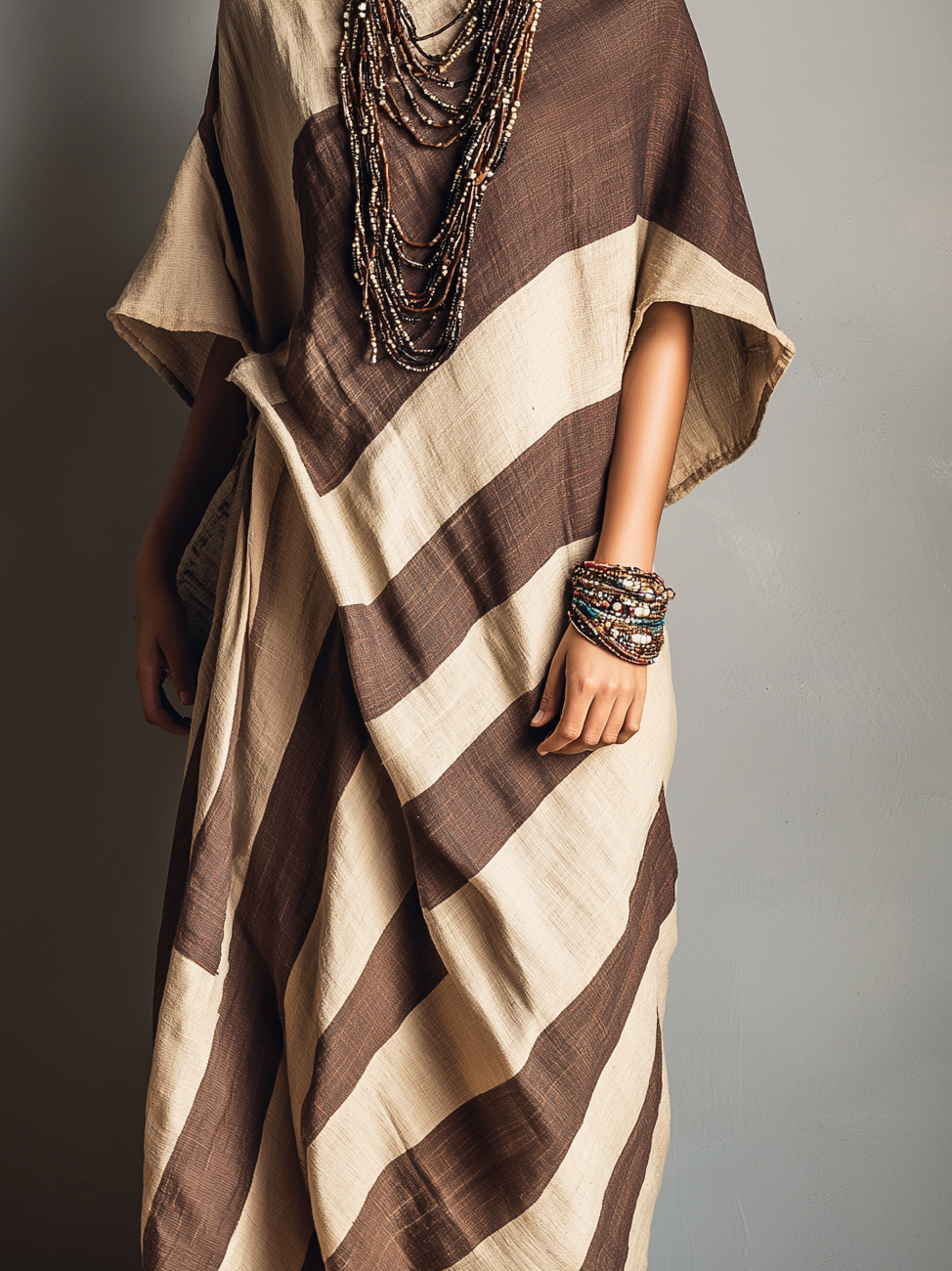 Women's Casual Brown Printed Woven Round Neck Batwing Short Sleeve Loose Long Dress MDZ2745B5AN