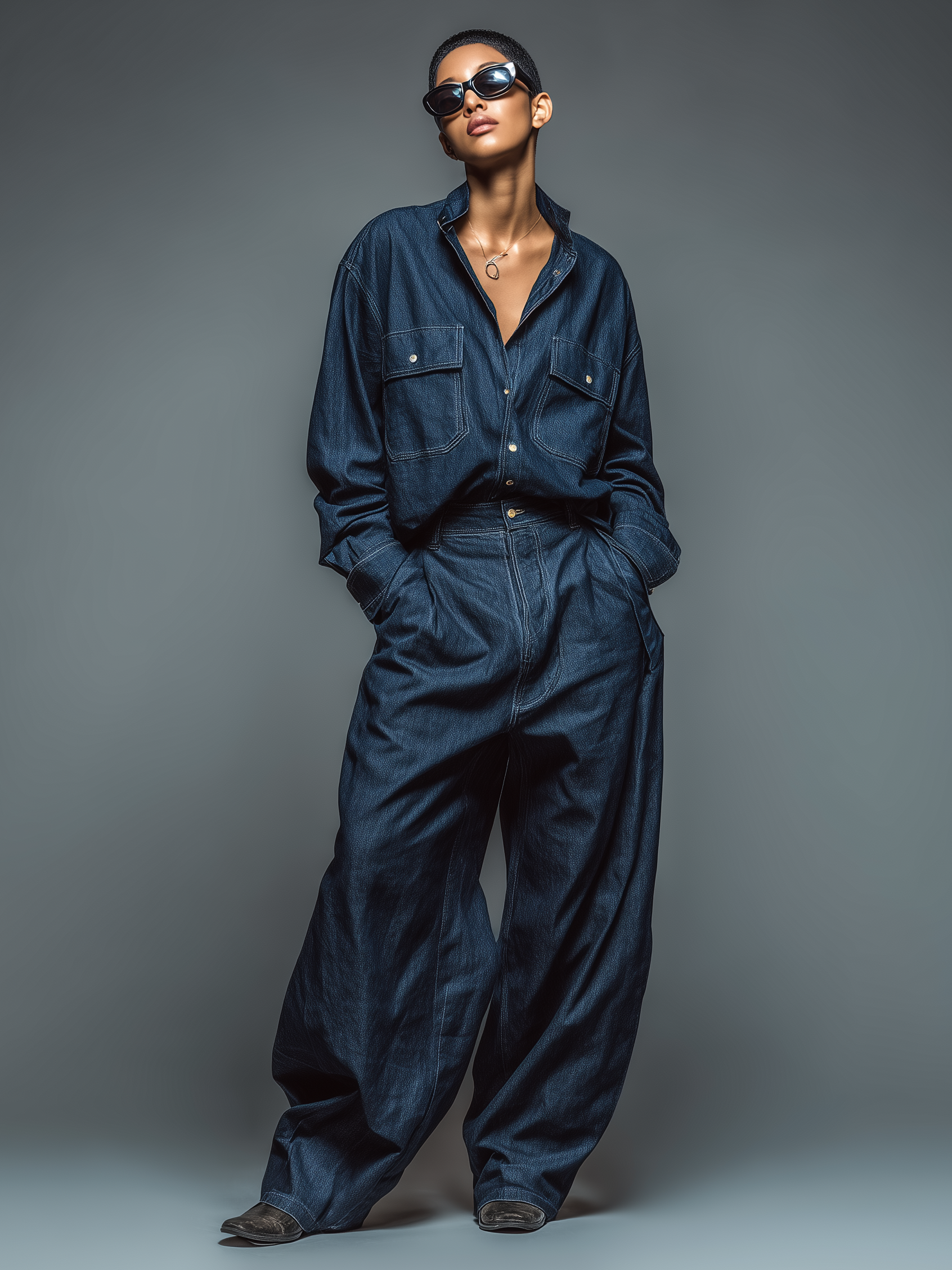 Women's Loose-fitting Raw Denim Shirt And Wide-leg Pants Set MDA1539K6Y