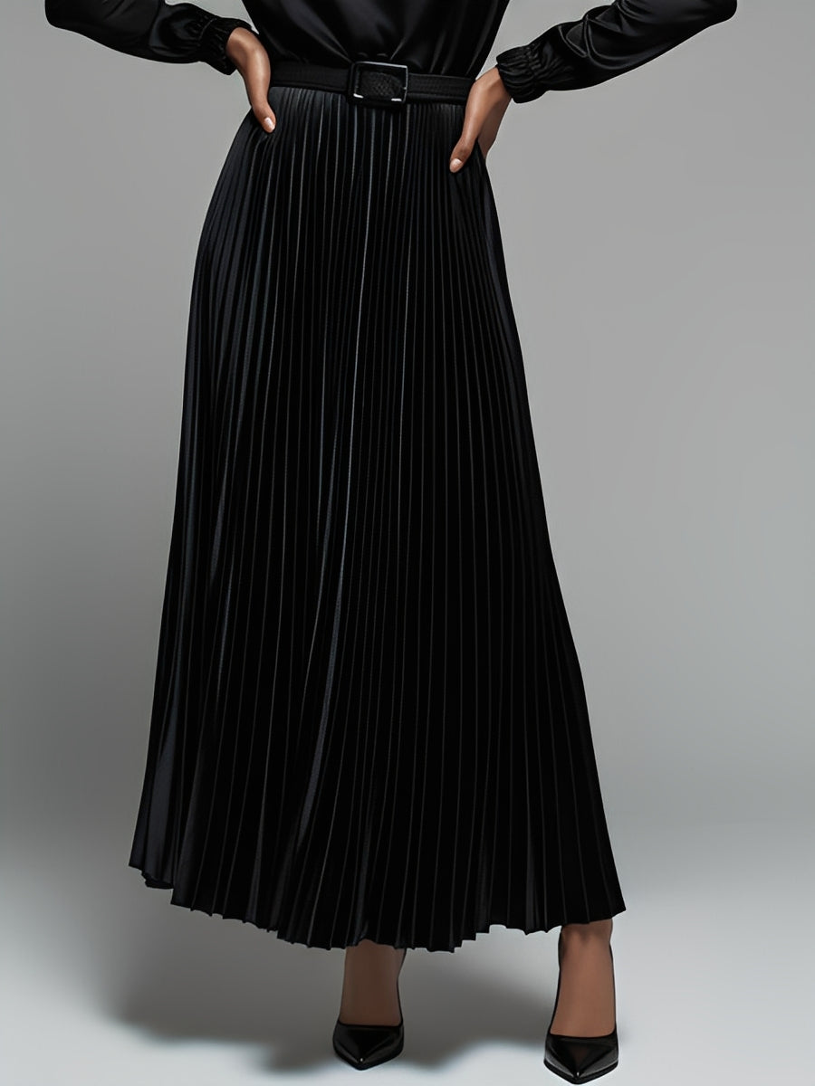 Women's Black Satin & Pleated Elegant Maxi Dress With Ruffled Neckline & Waist Belt, Vintage Glam Style MDA2315J8I