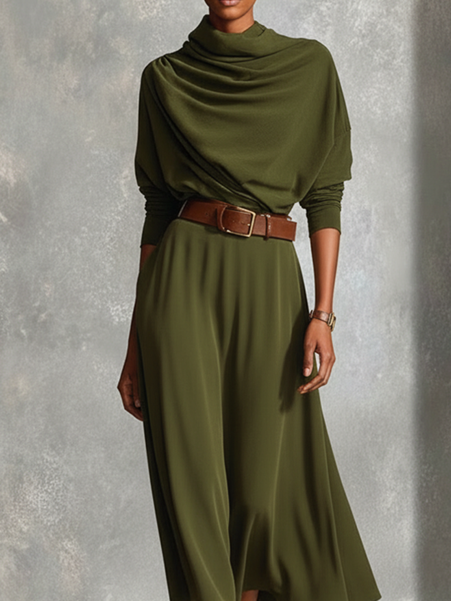 Women's Olive Green Pleated Neck Midi Dress (Belt Not Included) MDA1218L3AP