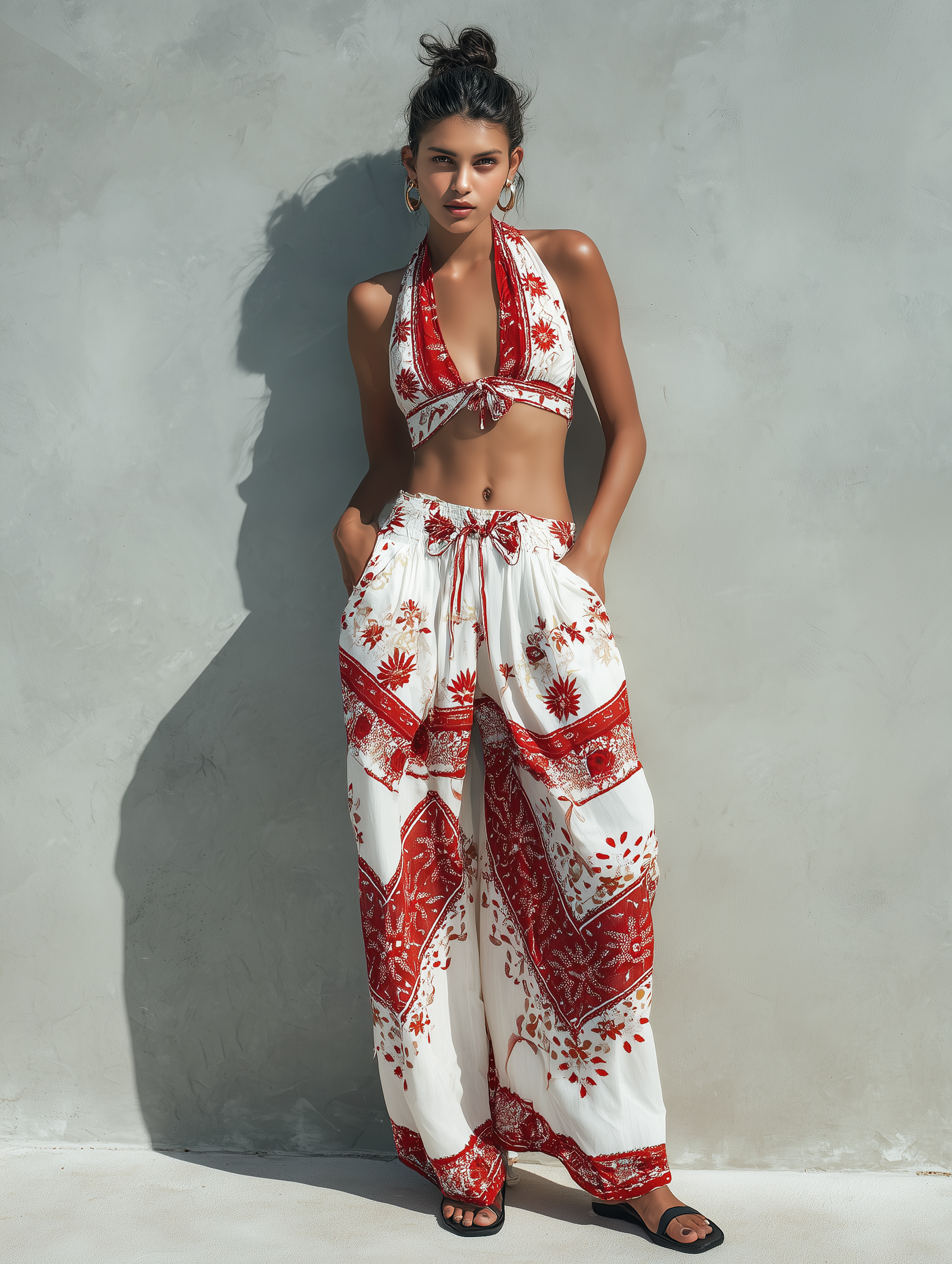Women's Resort-style Red And White Printed Woven Halter Top And Loose-fitting Trousers MDZ0255C7AN