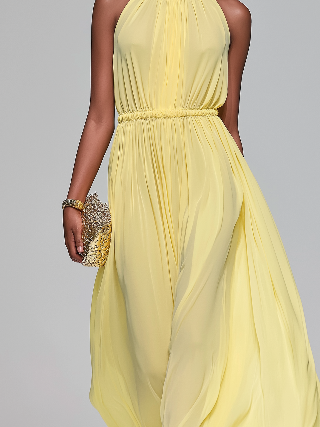 Elegant Light Yellow Chiffon Round Neck Sleeveless Long Dress For Women MDZ2440B2AN