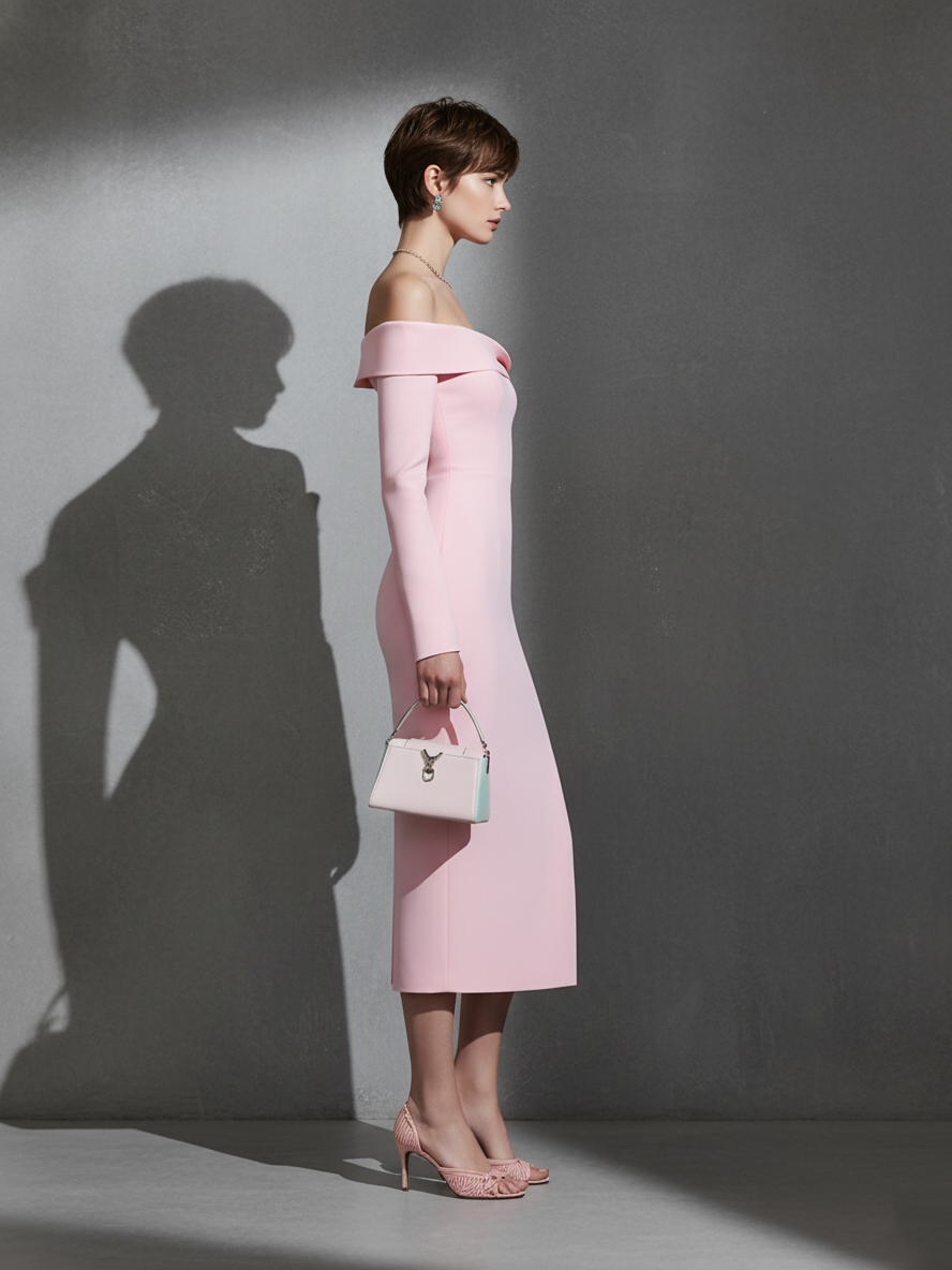 Women's Elegant Cotton-Blend Blush Pink Off-Shoulder Fitted High-Slit Midi Dress MDA1603L8AU